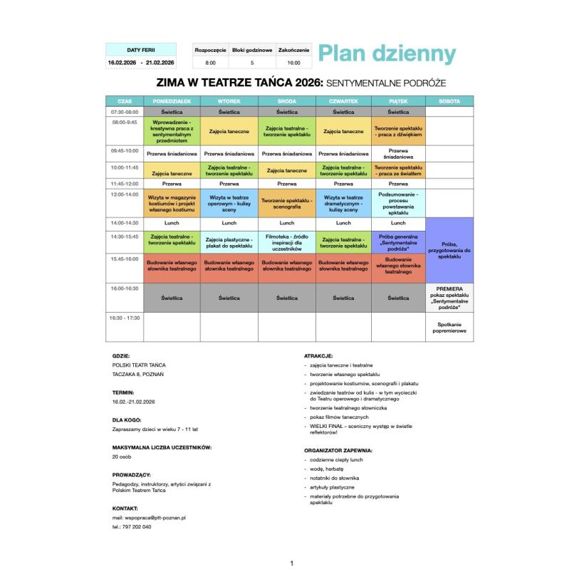 Plan dzienny ferii 2026_Polski Teatr Tańca